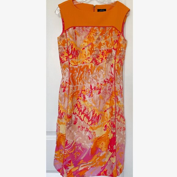 Tahari ASL Shift Dress with Golden Back Zip - Orange/Pink/Yellow, Size 2 - Picture 2 of 5